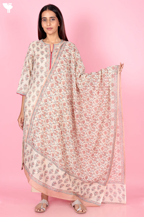 Chanderi Silk Kurta Pant Set With Dupatta Block Print